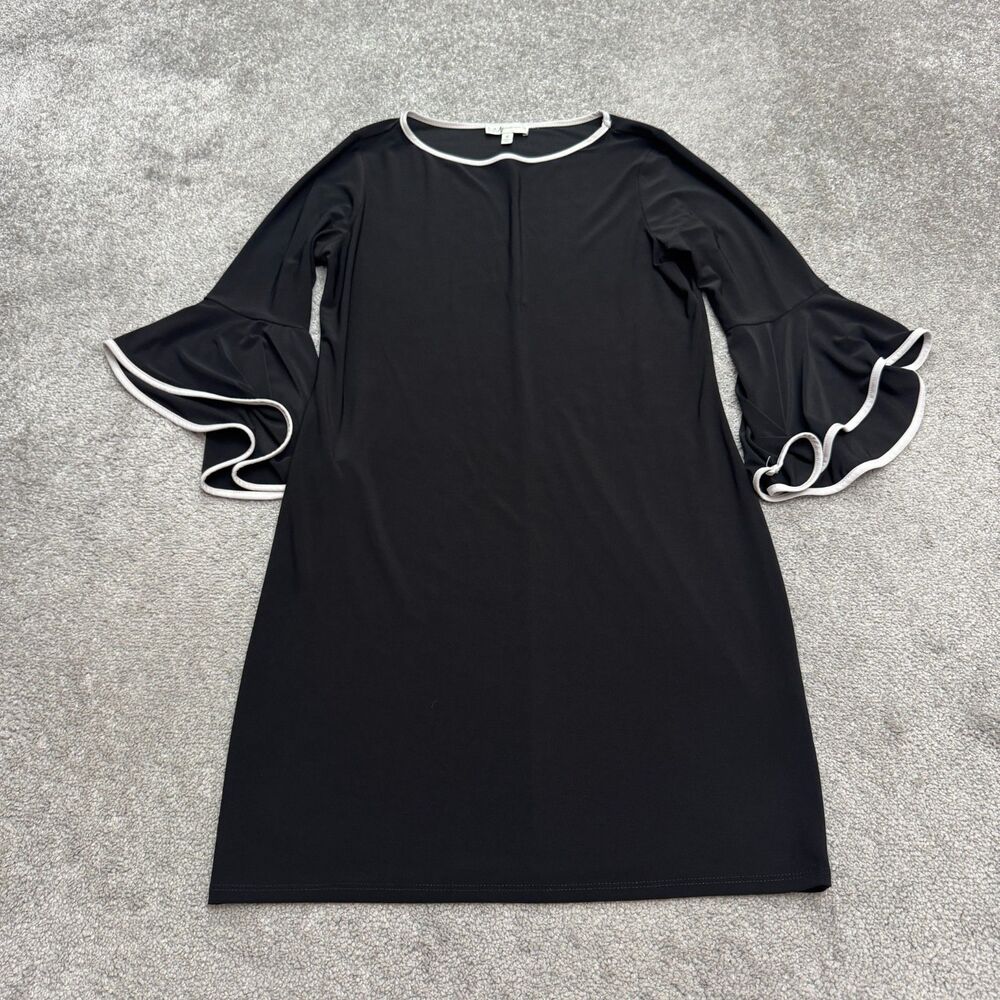 Neiman Marcus Bell Sleeve Shift Dress Womens 10 Black White Trim Knee Length USA